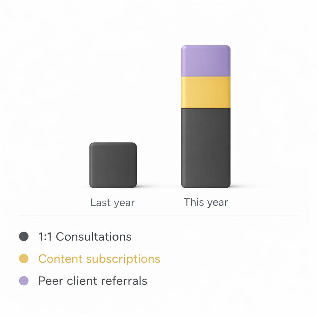 Earnings comparison: last year only 1:1 consultations, this year also content subscriptions and peer client referrals