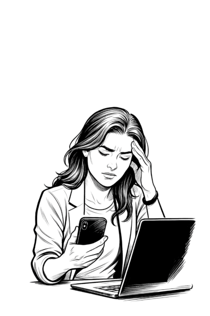 Ava looking at her phone, stressed about a cancellation