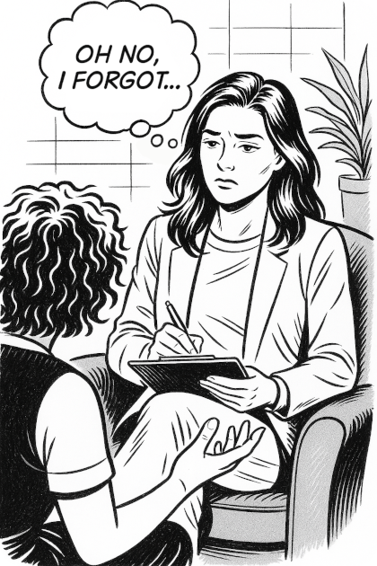 Ava in session, mind wandering to unfinished tasks