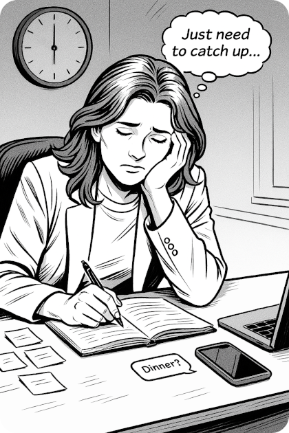 Ava at her desk late in the evening, catching up on admin