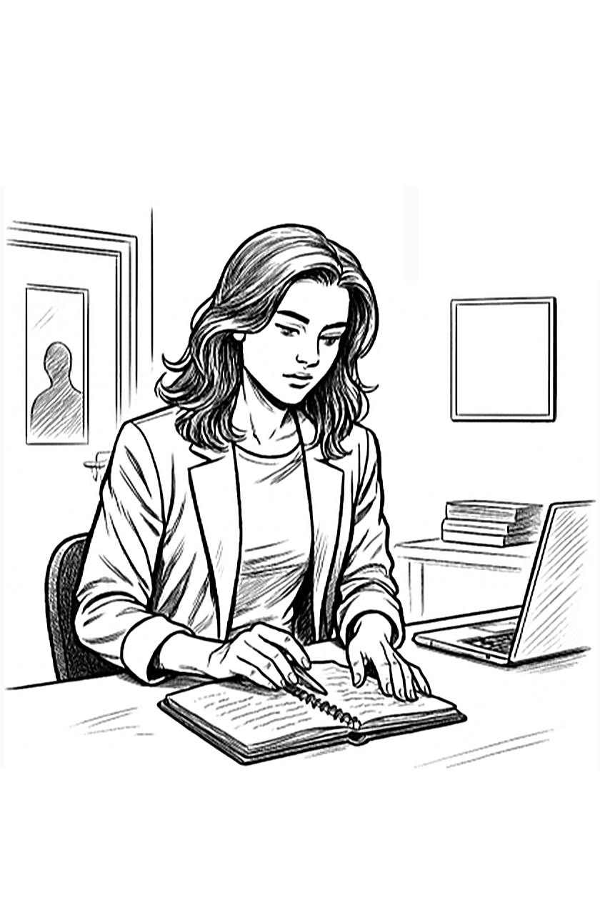 Ava flipping through her notebook before a session