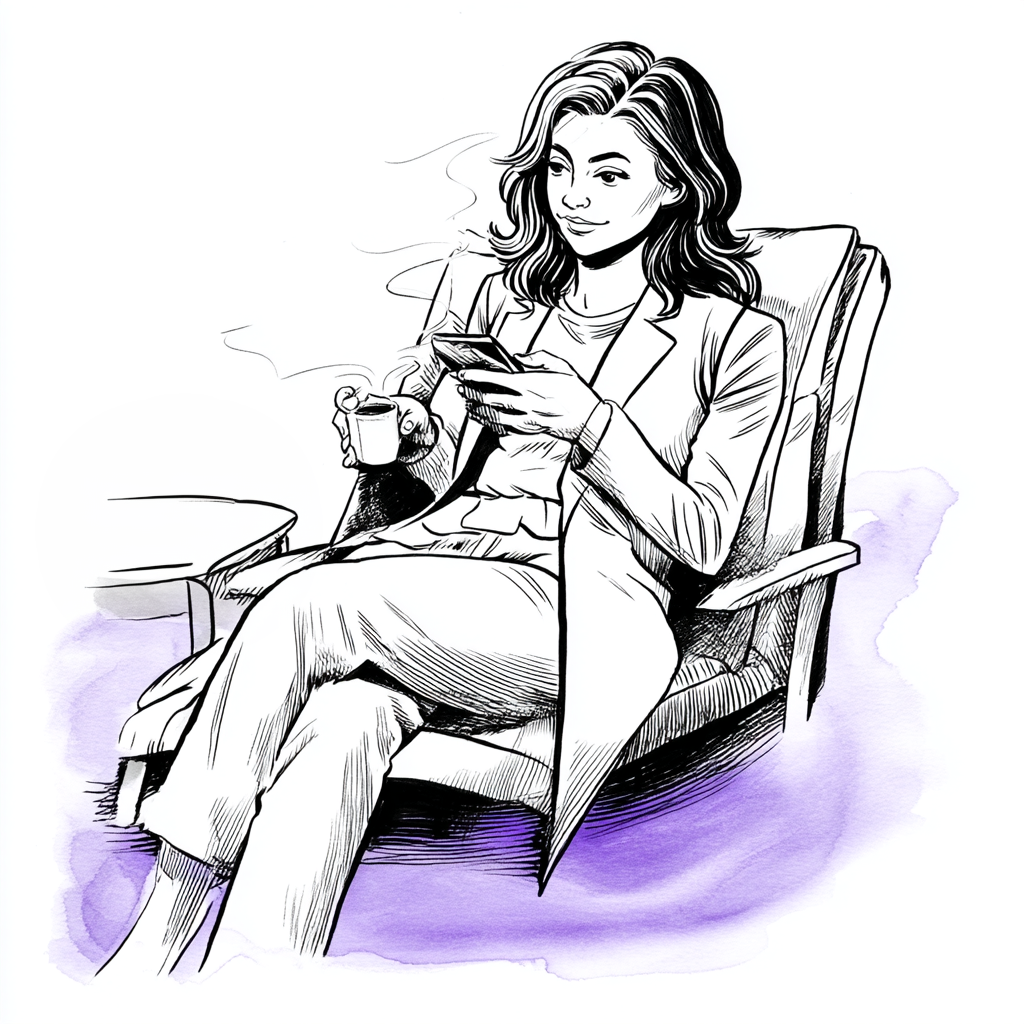 Ava relaxing with coffee, at ease before her first session